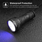 Durable aluminum alloy blacklight flashlight body with anti slip texture and wrist strap.