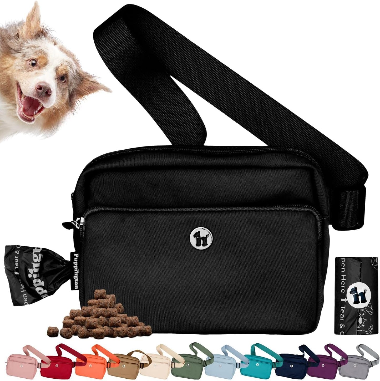 Puppington 3-in-1 Crossbody Dog Walking Bag in Onyx Black front view showing zippered pockets