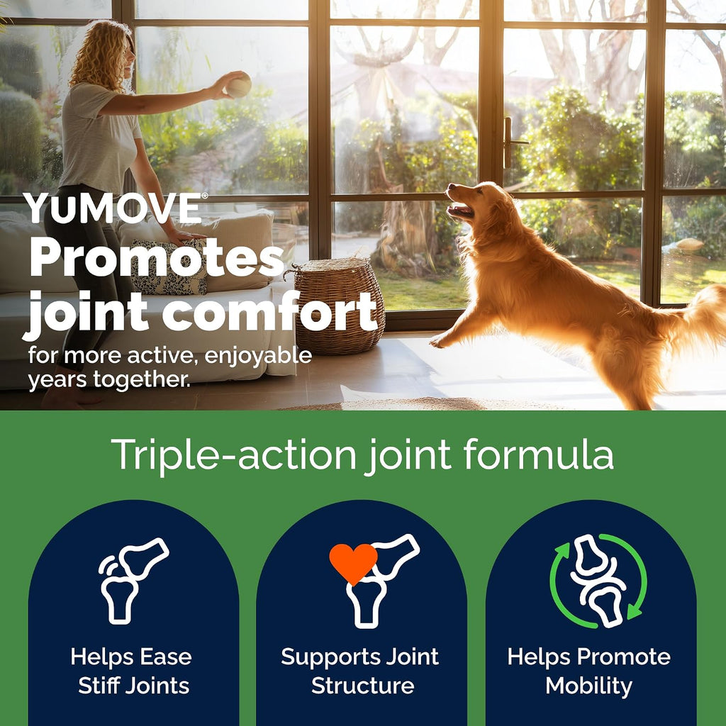 YuMOVE pet supplement jar showing active ingredients like green lipped mussel