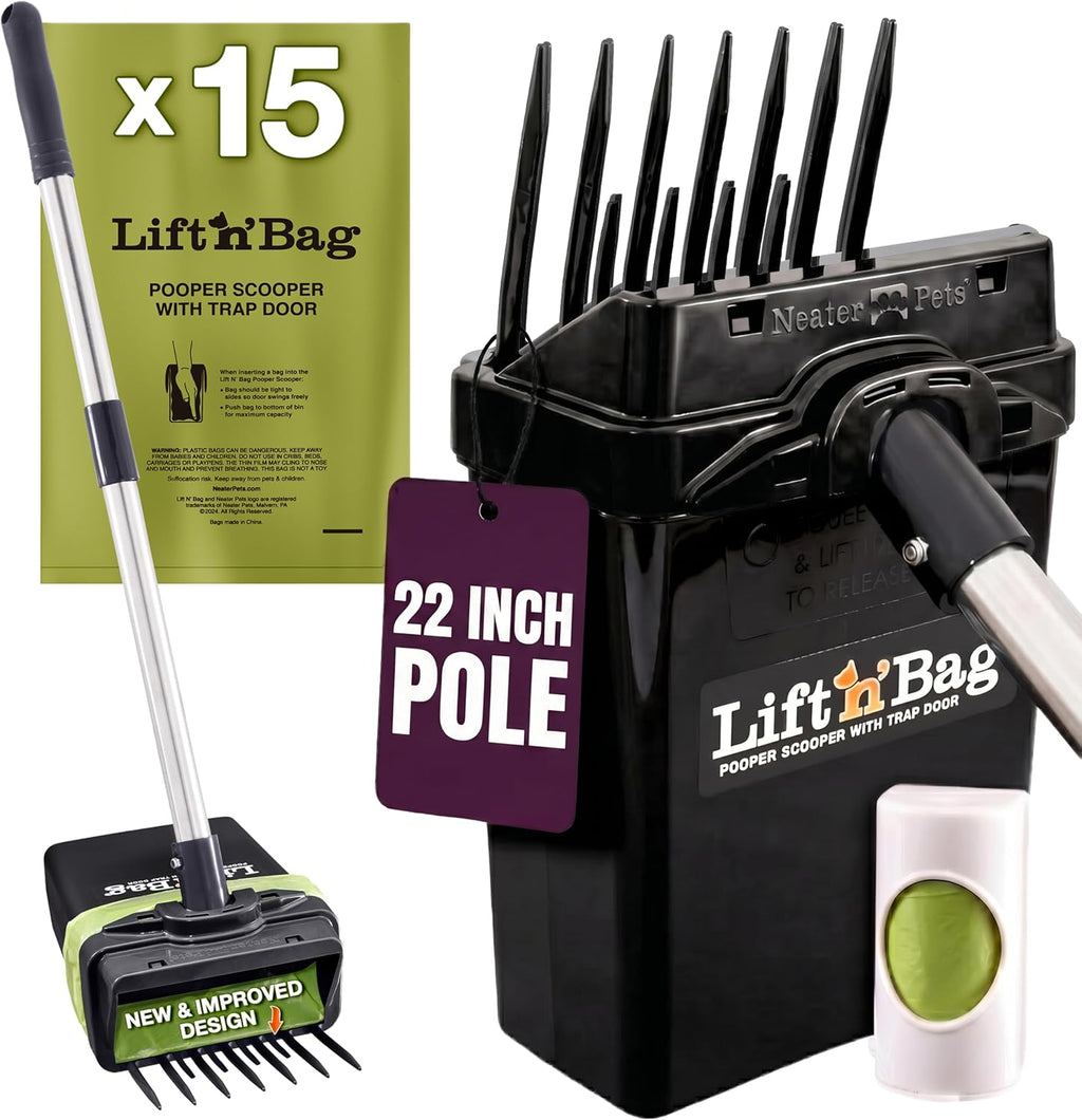 Neater Pet Brands Lift N Bag dog pooper scooper front view for premium pet yard maintenance.