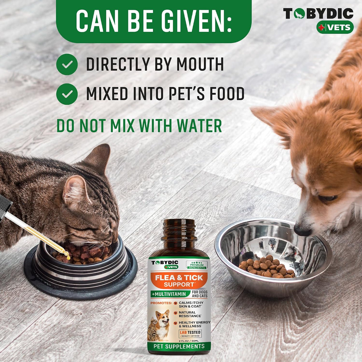 Tobydic herbal pet multivitamin bottle showing joint support ingredients list.