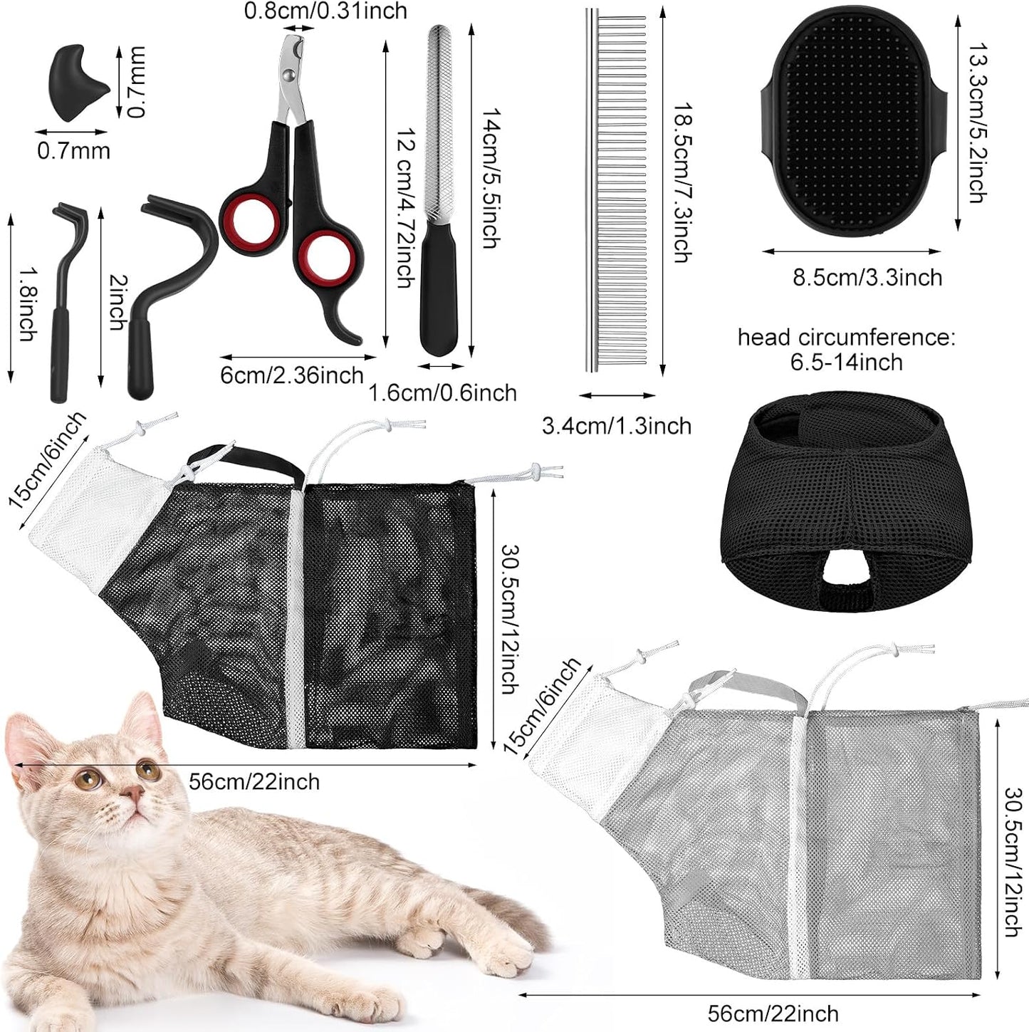 Adjustable cat shower net bag with zippers and drawstrings for safe pet washing