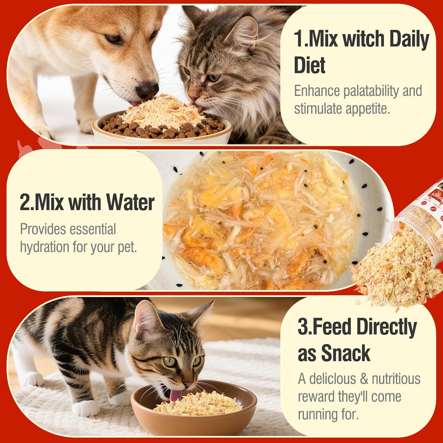DYD pet food topper packaging showing ingredients
