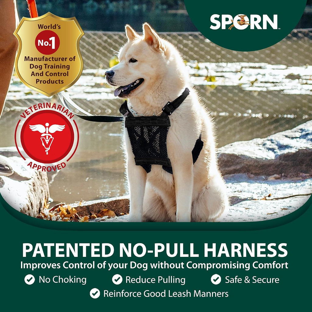 Sporn no pull dog harness front view showing black nylon mesh design