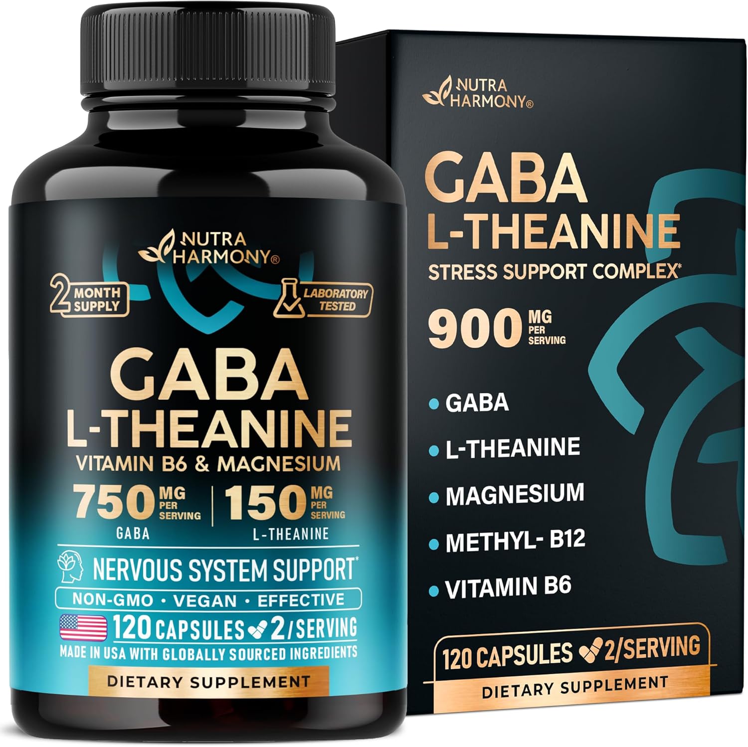 Nutraharmony GABA and L-Theanine 900 milligram bottle front view for relaxation support.