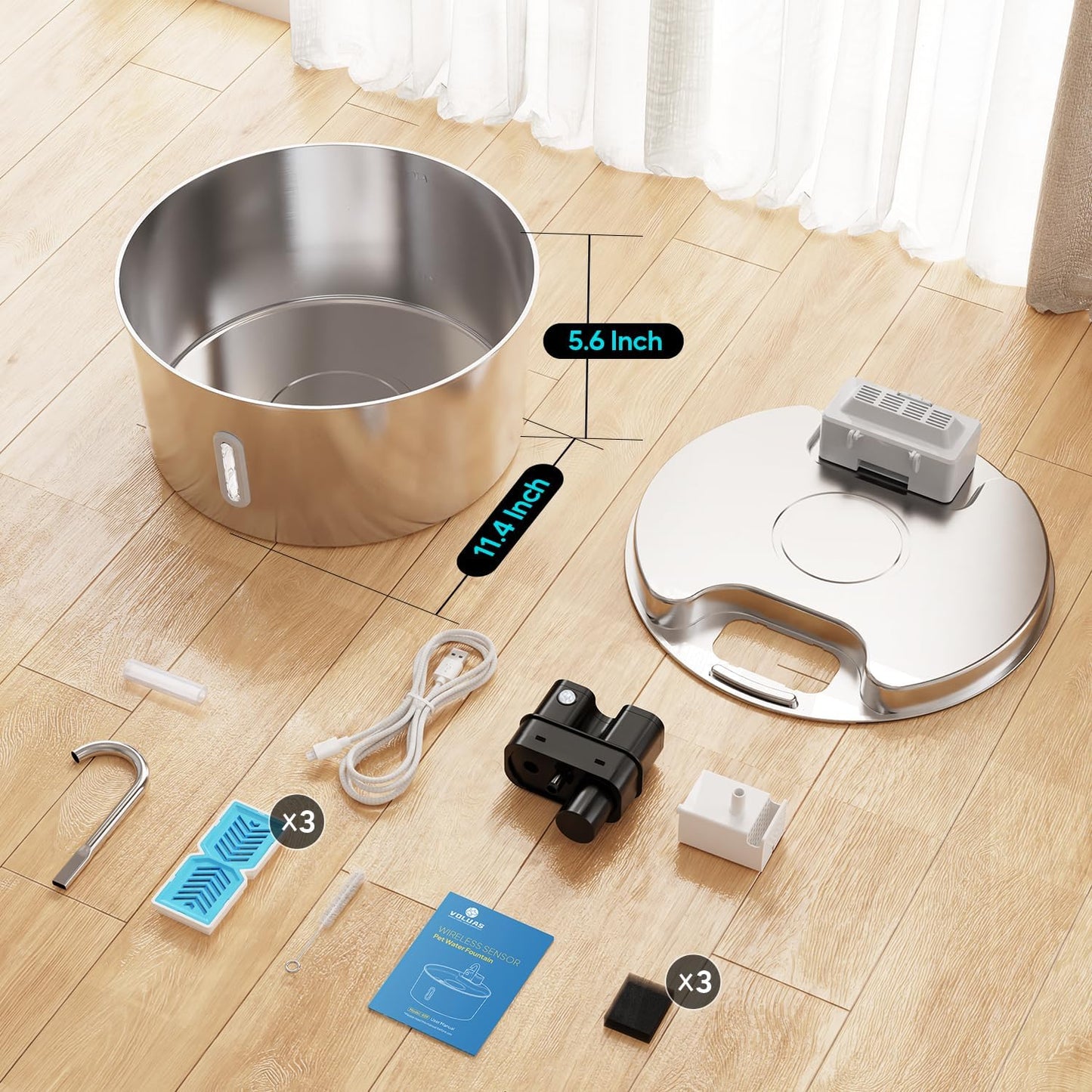 Voluas Dog Water Fountain: 1.8Gal/7L Wireless Stainless Steel Dog Fountain Bowl for Small to Large Dogs, Battery Operated Pet Water Dispenser Indoor with Ultra-Quiet Pump, Easy Clean, 6 Filter - Image 9