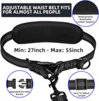 Multifunctional dual layer storage pouch attached to the waist belt containing a phone and dog treats.