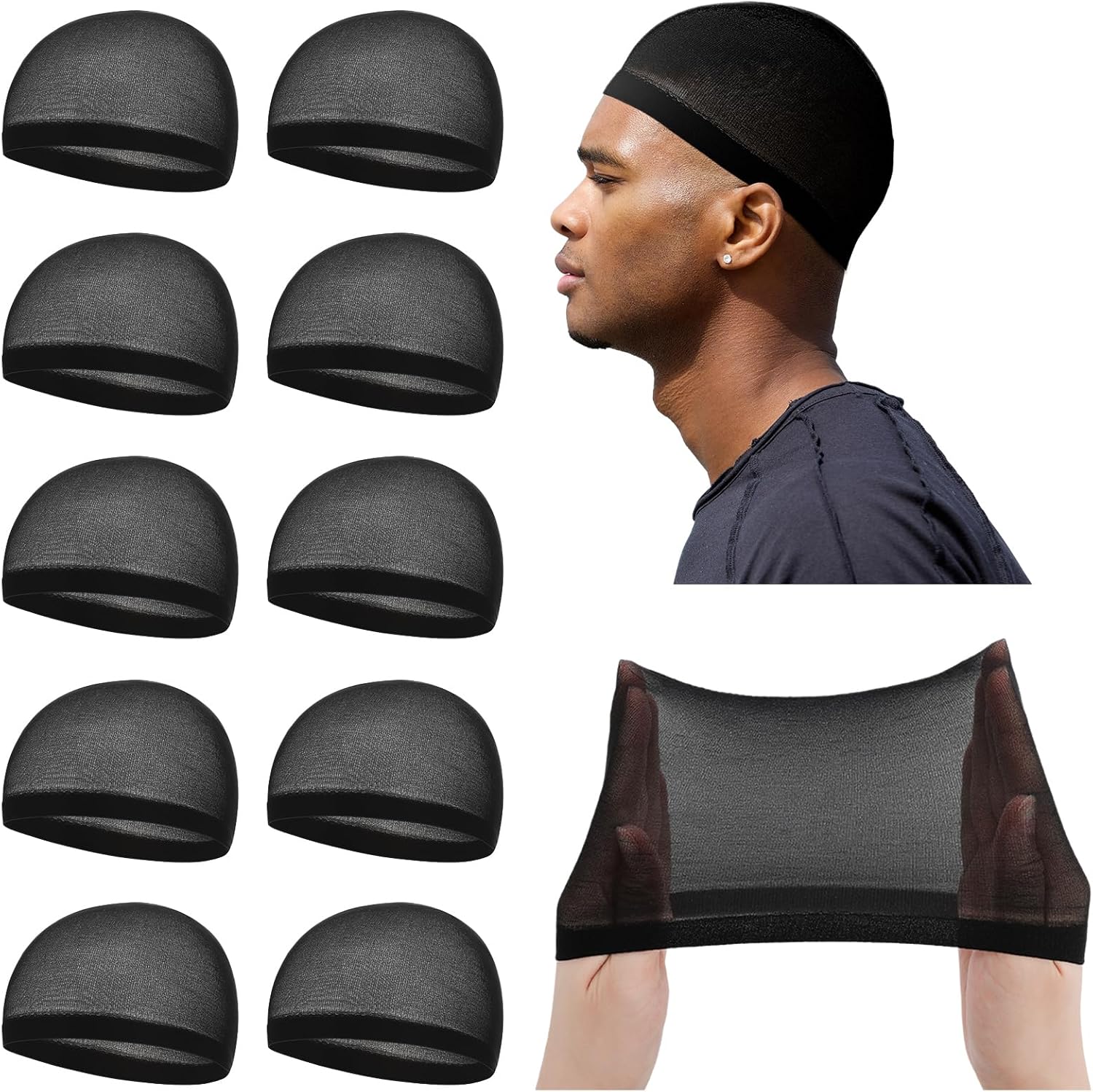 Ramede 10 pieces black stocking wave caps front view