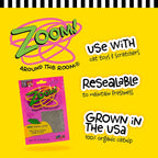 Pink resealable pouch showing label details and branding