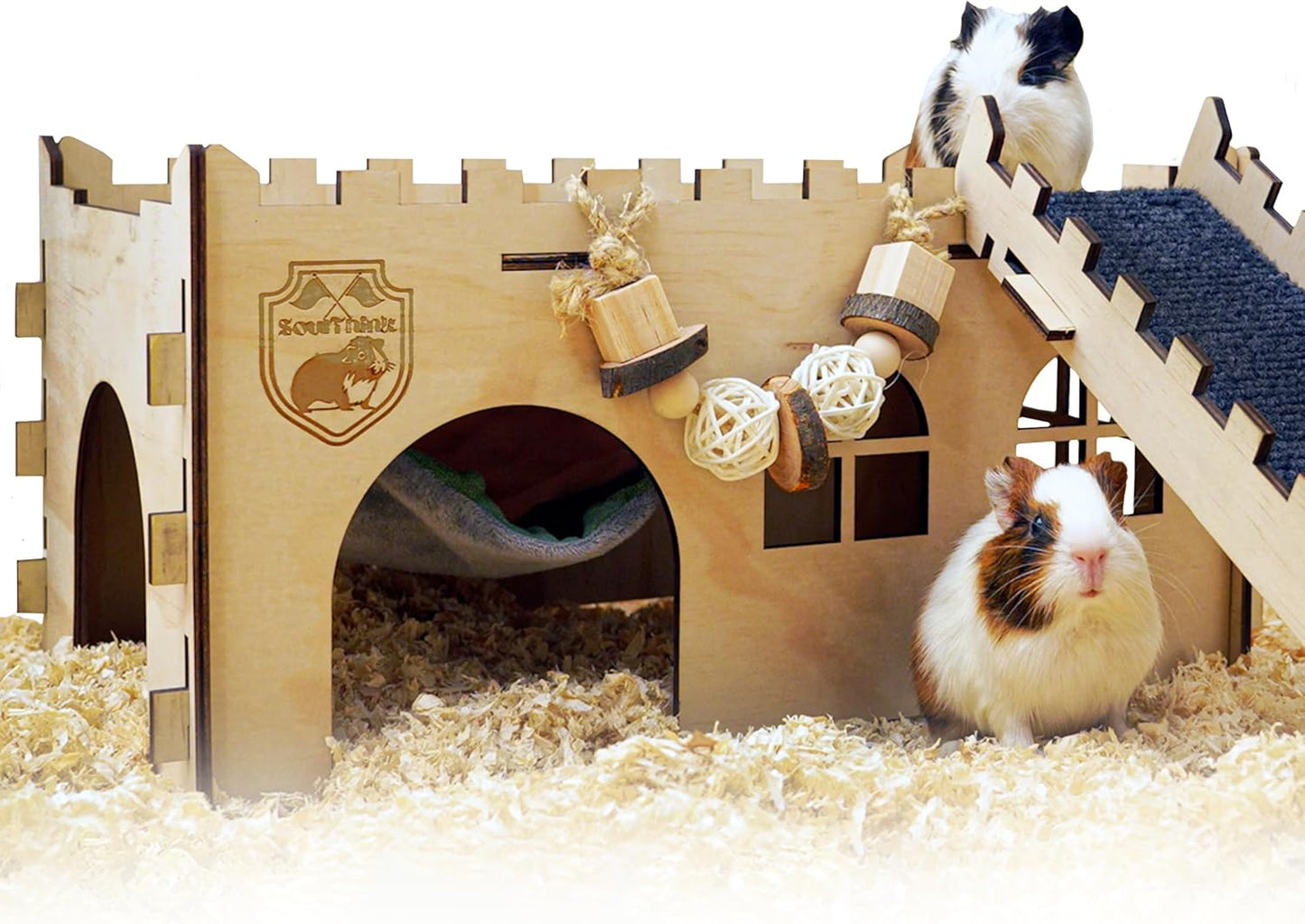 SoulThink(R) Large Guinea Pig Hideout & House - Easy to Assemble Wooden Guinea Pig Castle with Hammock, Ramp and Toys Accessories Habitat Suitable for Hamsters and Chinchilla - Image 1