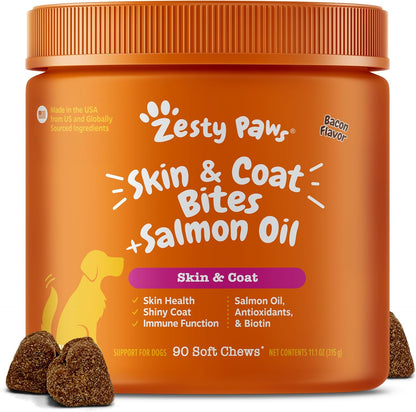 Zesty Paws Skin and Coat Bites Salmon Oil Dog Chews front packaging