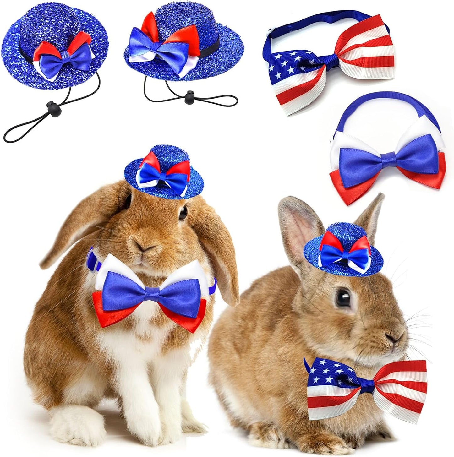 Vaudarkit Independence Day small animal costume front view showcasing the blue sequin Uncle Sam hat and American flag pattern bow tie collar.