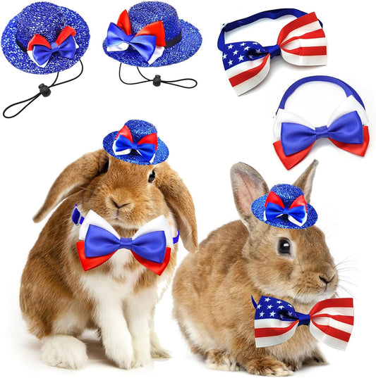 Vaudarkit Independence Day small animal costume front view showcasing the blue sequin Uncle Sam hat and American flag pattern bow tie collar.