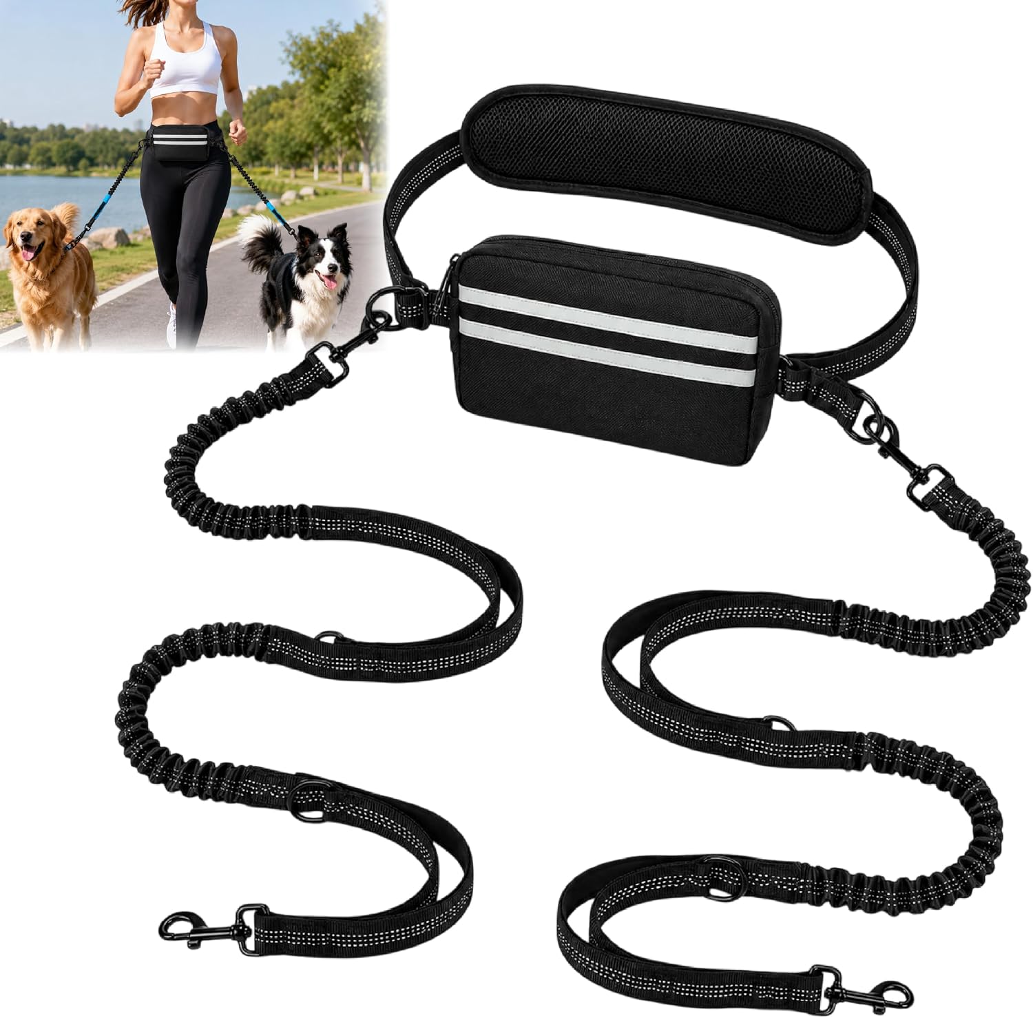 Hands Free Double Dog Leash for Two Dogs, Thick Nylon Shock Absorbing Bungee, Reflective Adjustable Pet Walking Belt, Anti-Tangle Swivel, Waist Pouch Included, for Medium and Large Breeds - Image 9