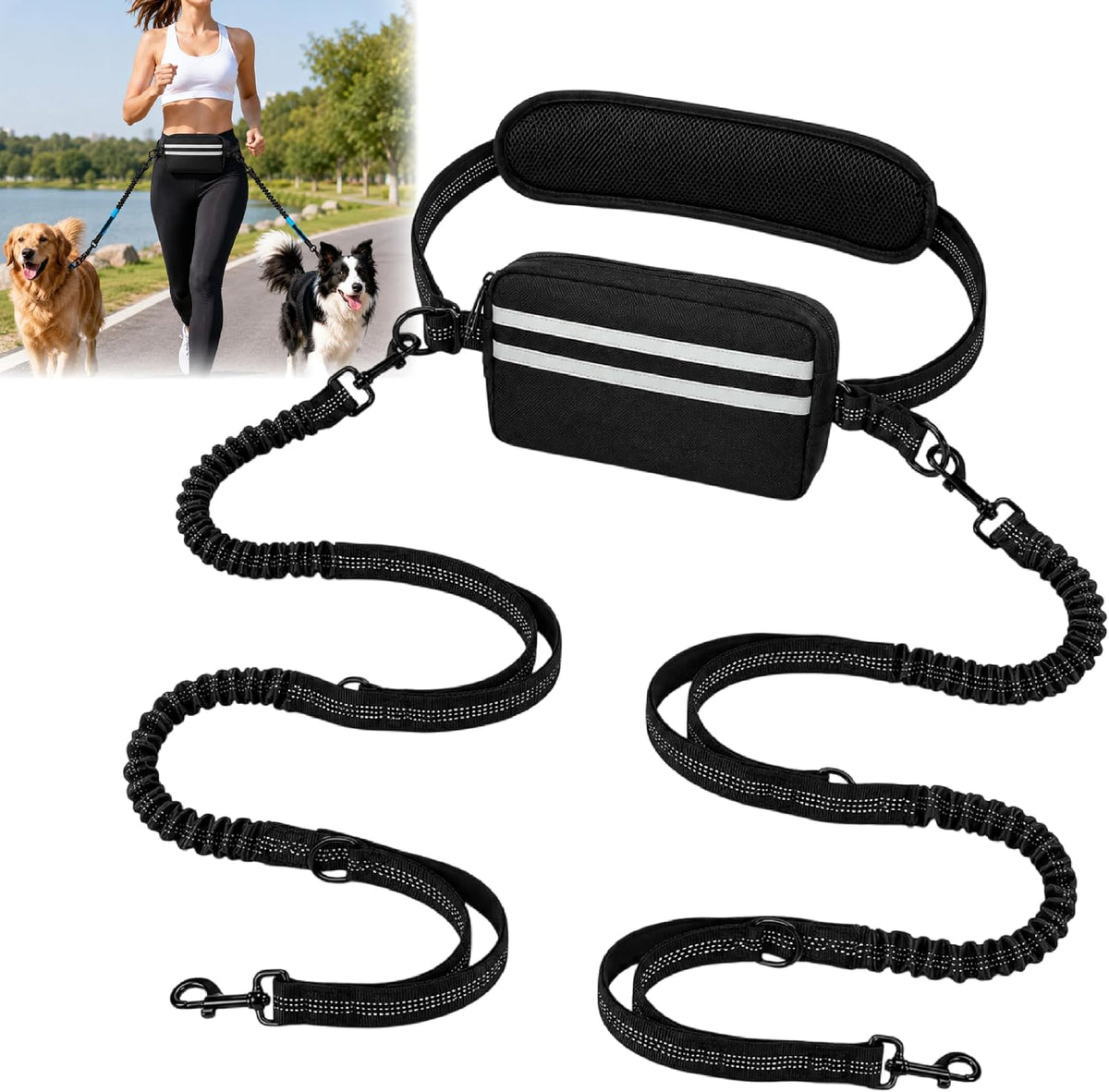 Hands Free Double Dog Leash for Two Dogs, Thick Nylon Shock Absorbing Bungee, Reflective Adjustable Pet Walking Belt, Anti-Tangle Swivel, Waist Pouch Included, for Medium and Large Breeds - Image 9
