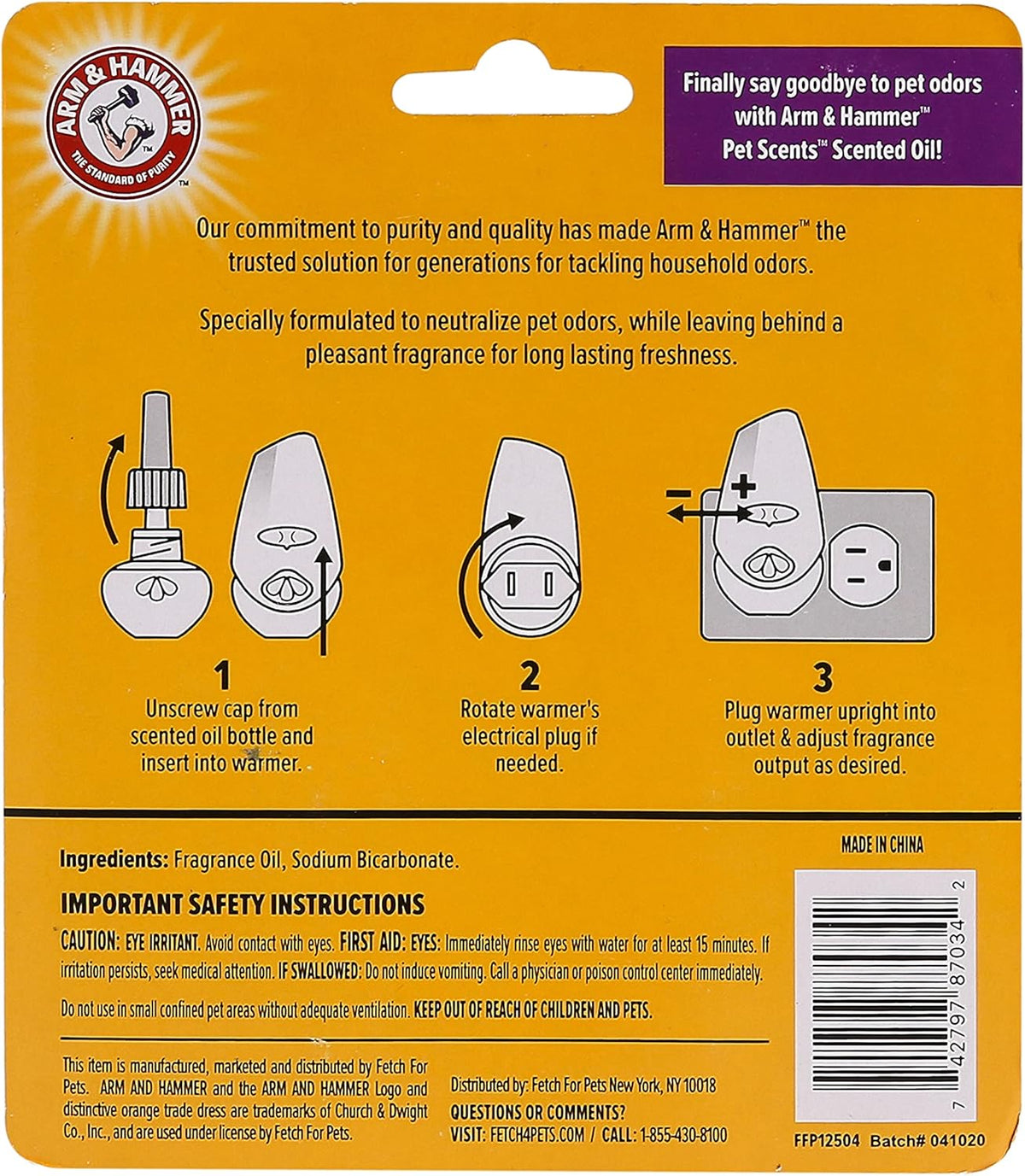 Back of Arm and Hammer scented oil refill pack with usage instructions
