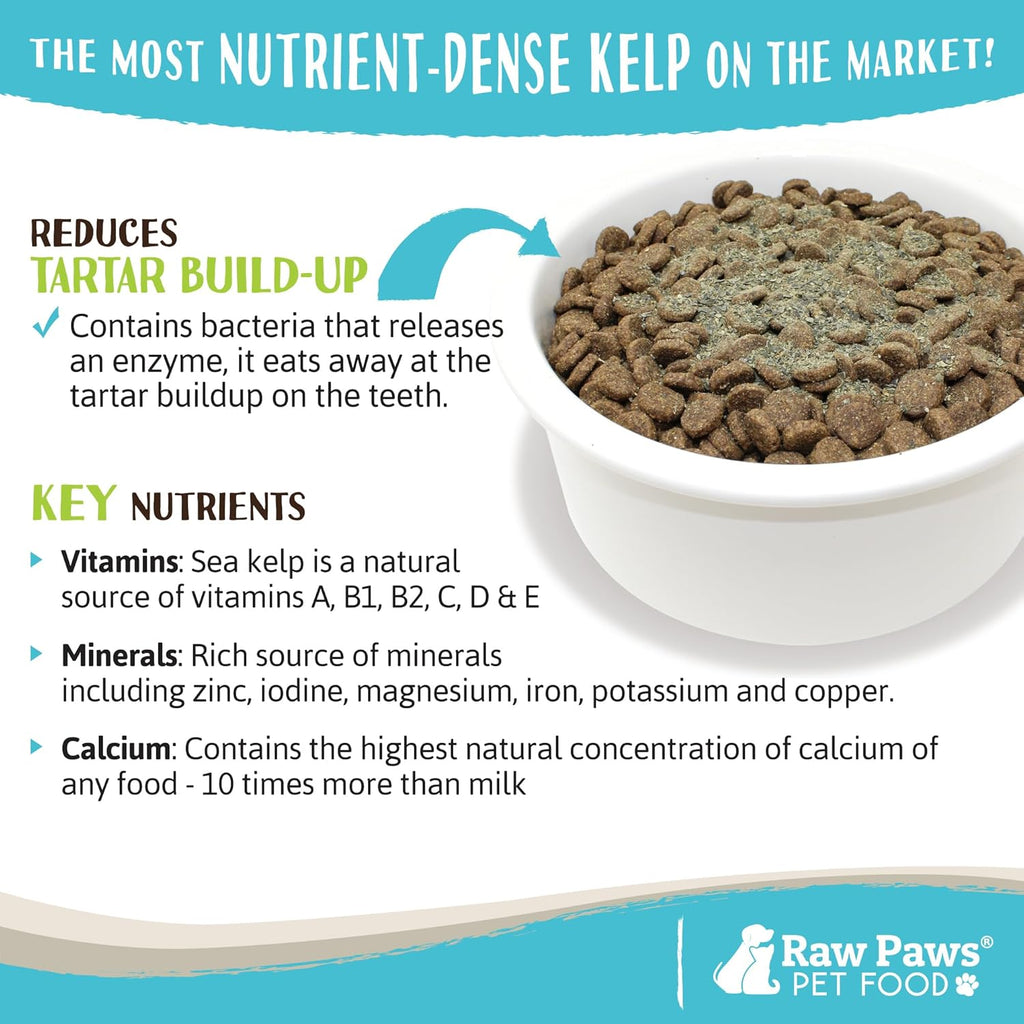 Pet owner sprinkling Raw Paws kelp powder on dog food
