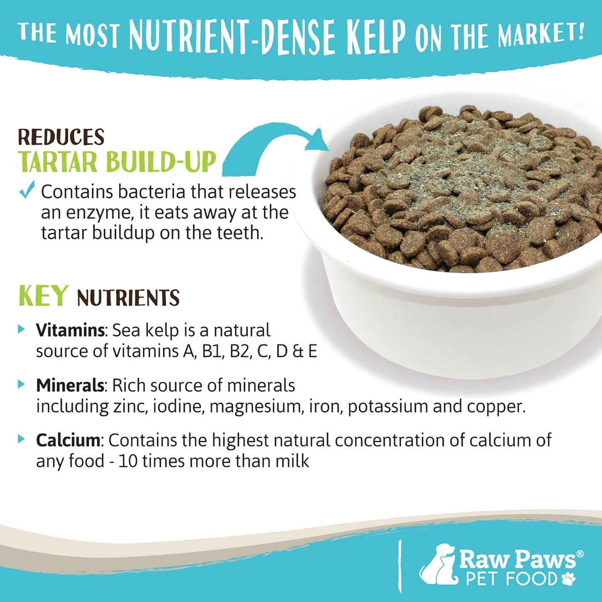 Pet owner sprinkling Raw Paws kelp powder on dog food
