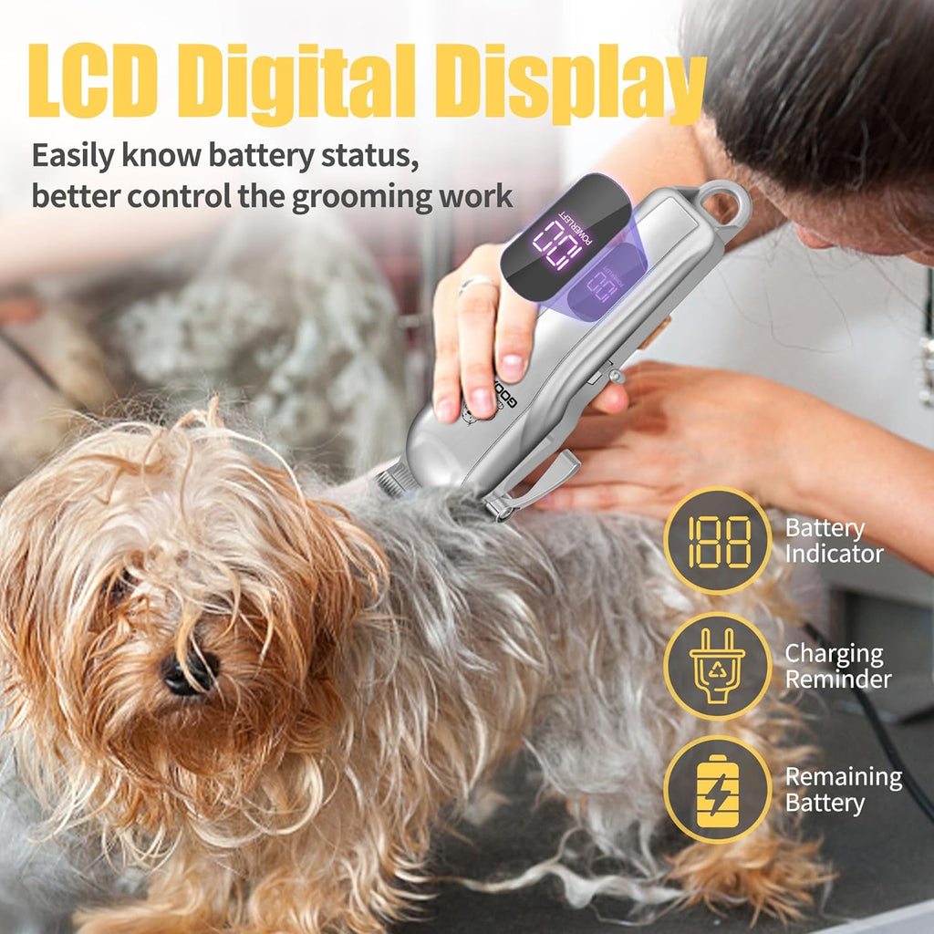 Gooad heavy duty dog shaver kit showcasing the eight different multi-size limit guide combs and the durable stainless steel pet comb.