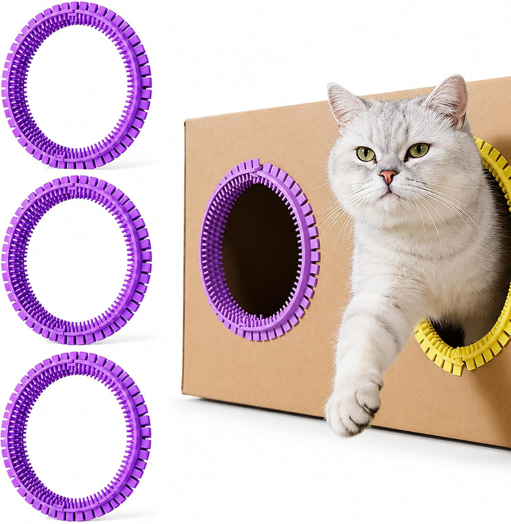3-Pack Cat Self Groomer for Cardboard Box, DIY Grooming Brush Ring for Cat House Door Hole, Hands-Free Corner Scratching Brush for Removing Loose Hair & Shedding (Yellow) - Image 11