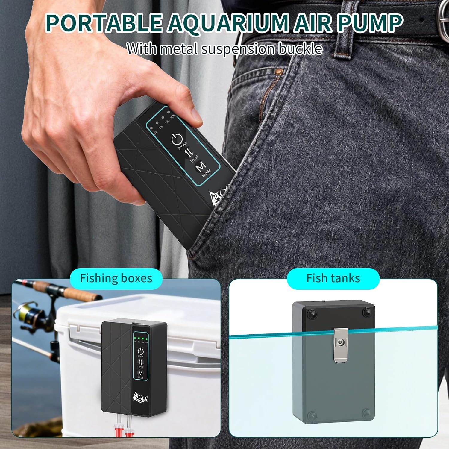 Close up of AQQA aquarium air pump interface and battery indicator