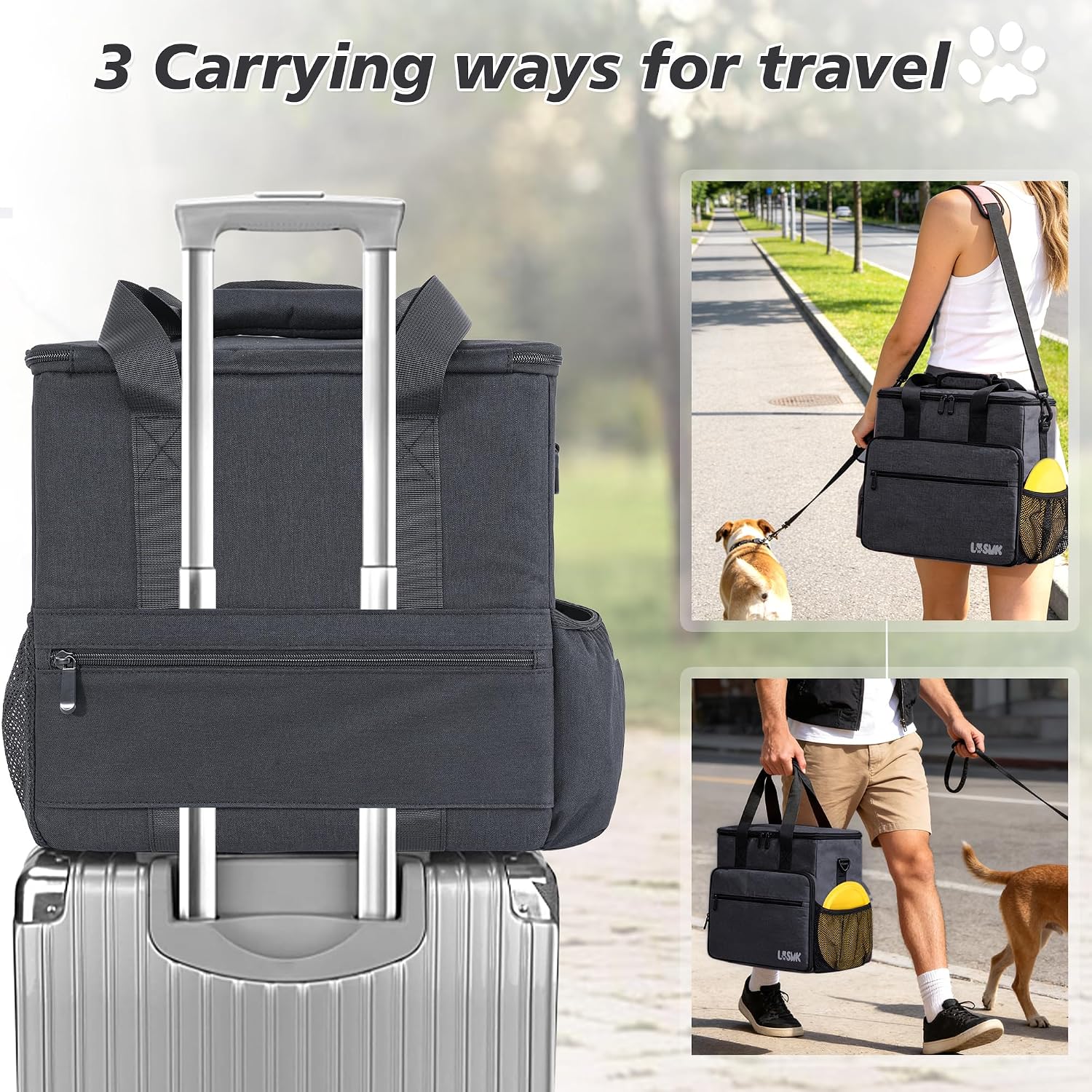 LASUK dog travel backpack unfolded showing the included feeding mat and water-resistant lining details.