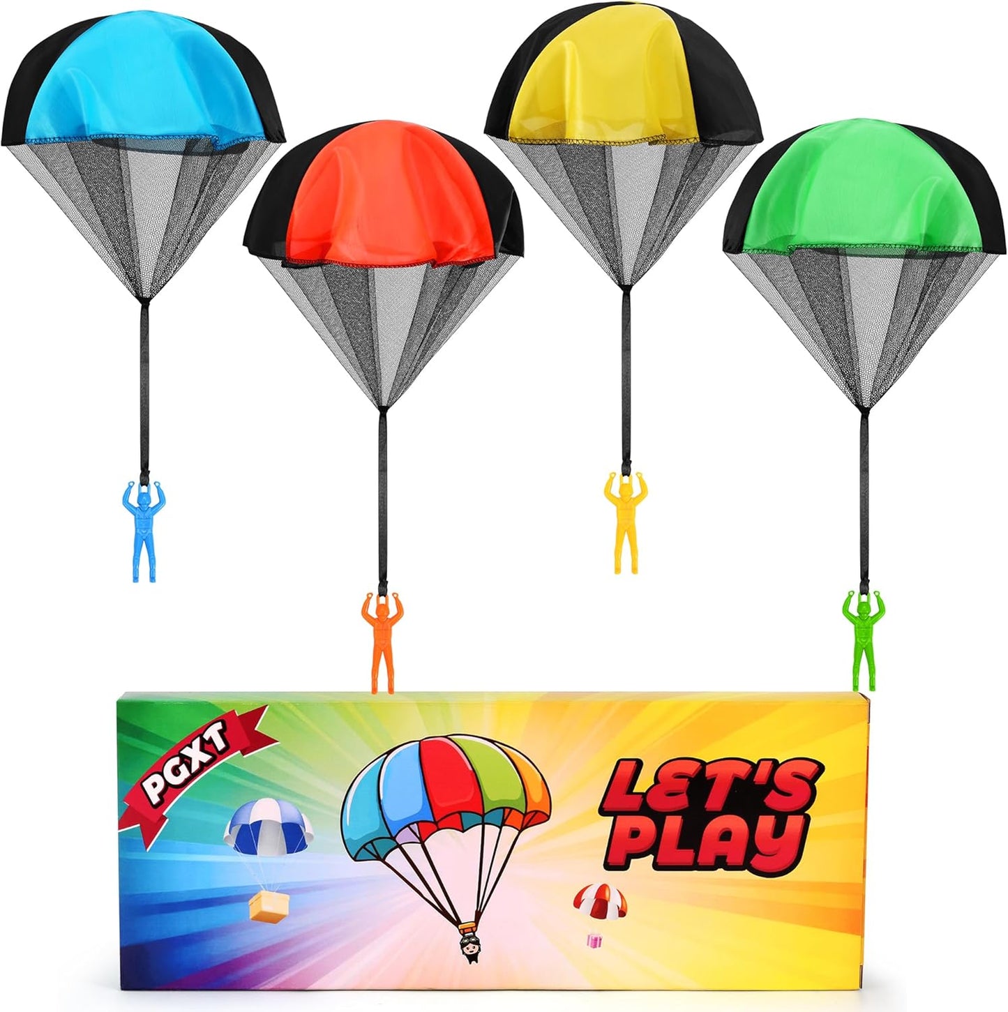 PGXT flying parachute toy men set showing multicolor nylon canopies in front view.