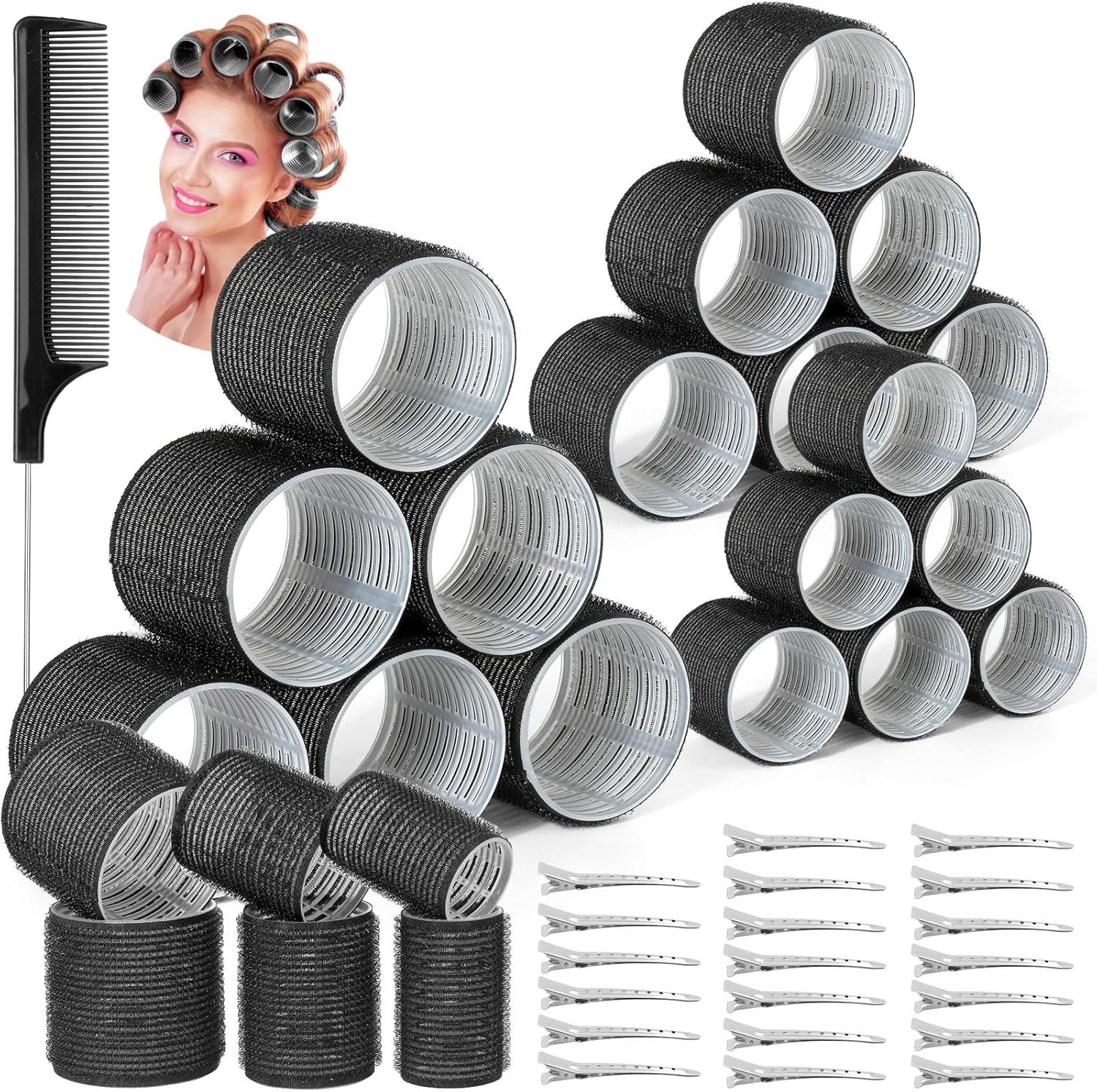 Thrilez 39 piece self grip hair curlers set front view showing black rollers and metal clips