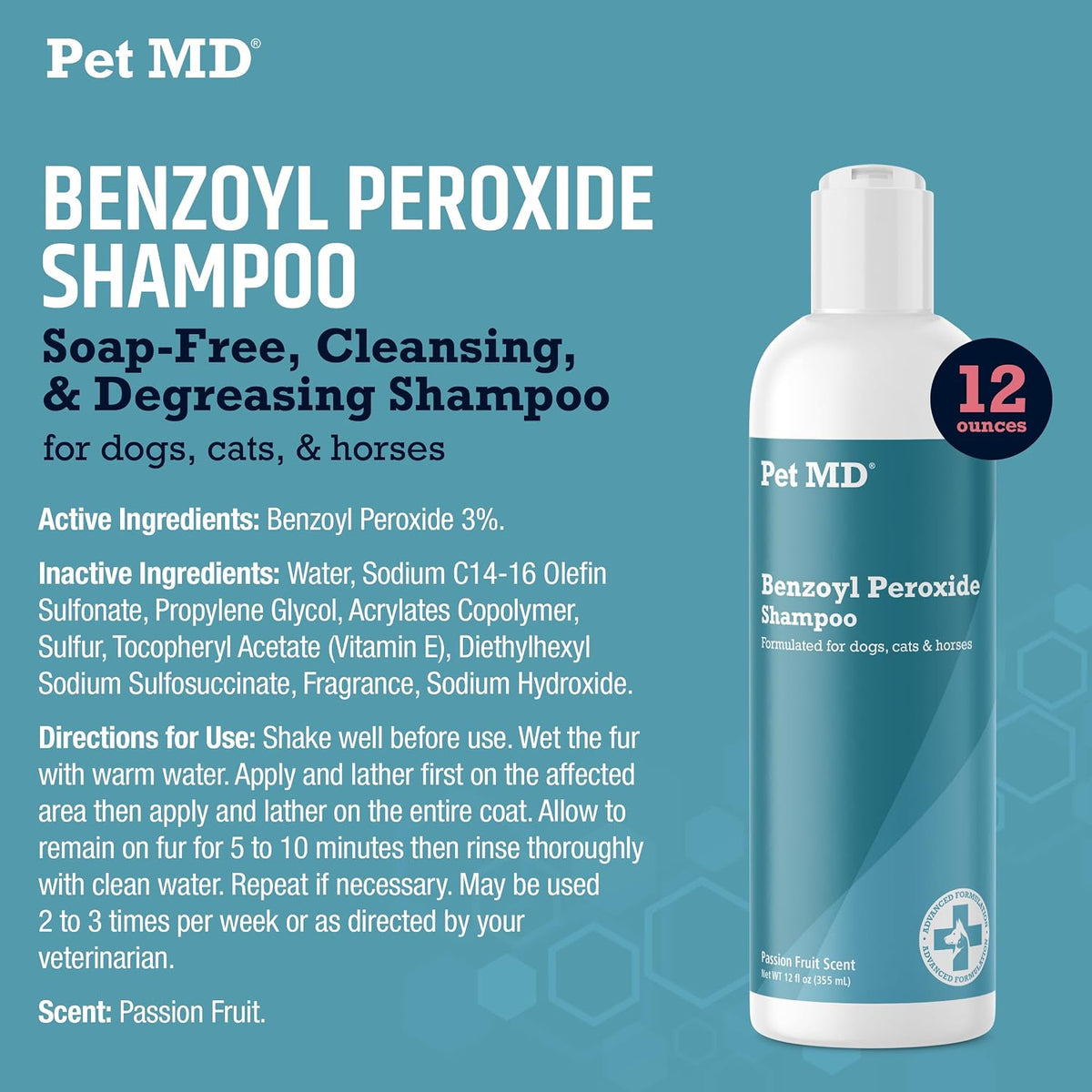 Pet MD shampoo bottle with grooming tools