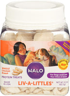 Halo pet treats jar with label details visible