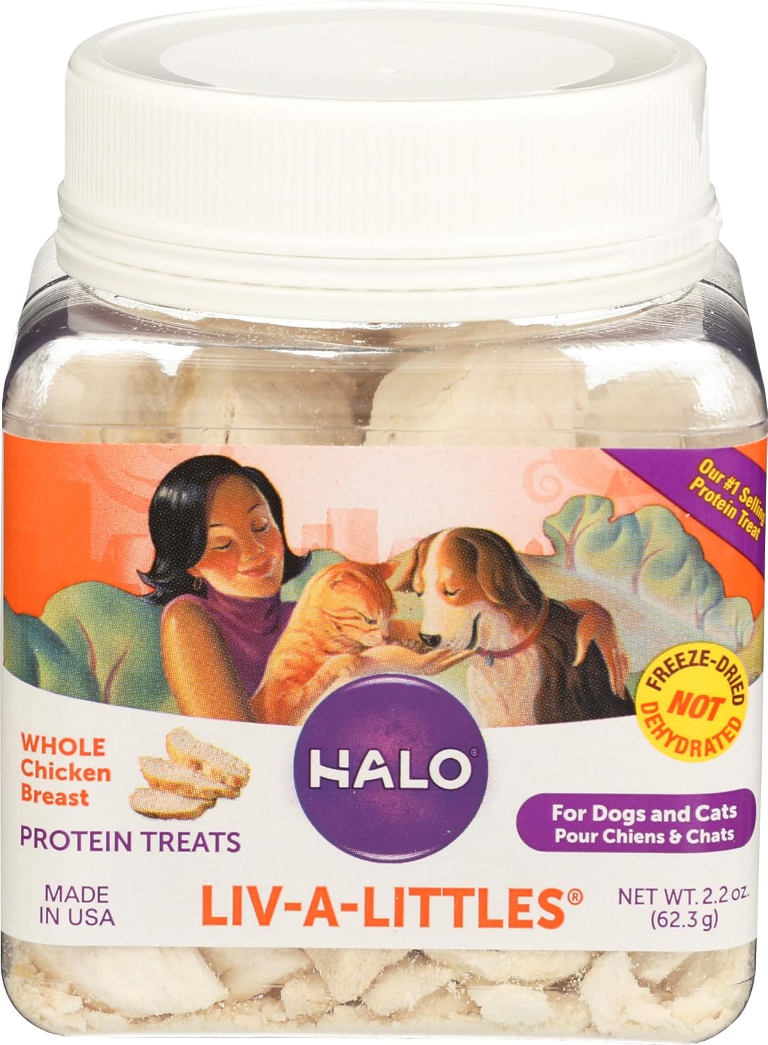 Halo pet treats jar with label details visible