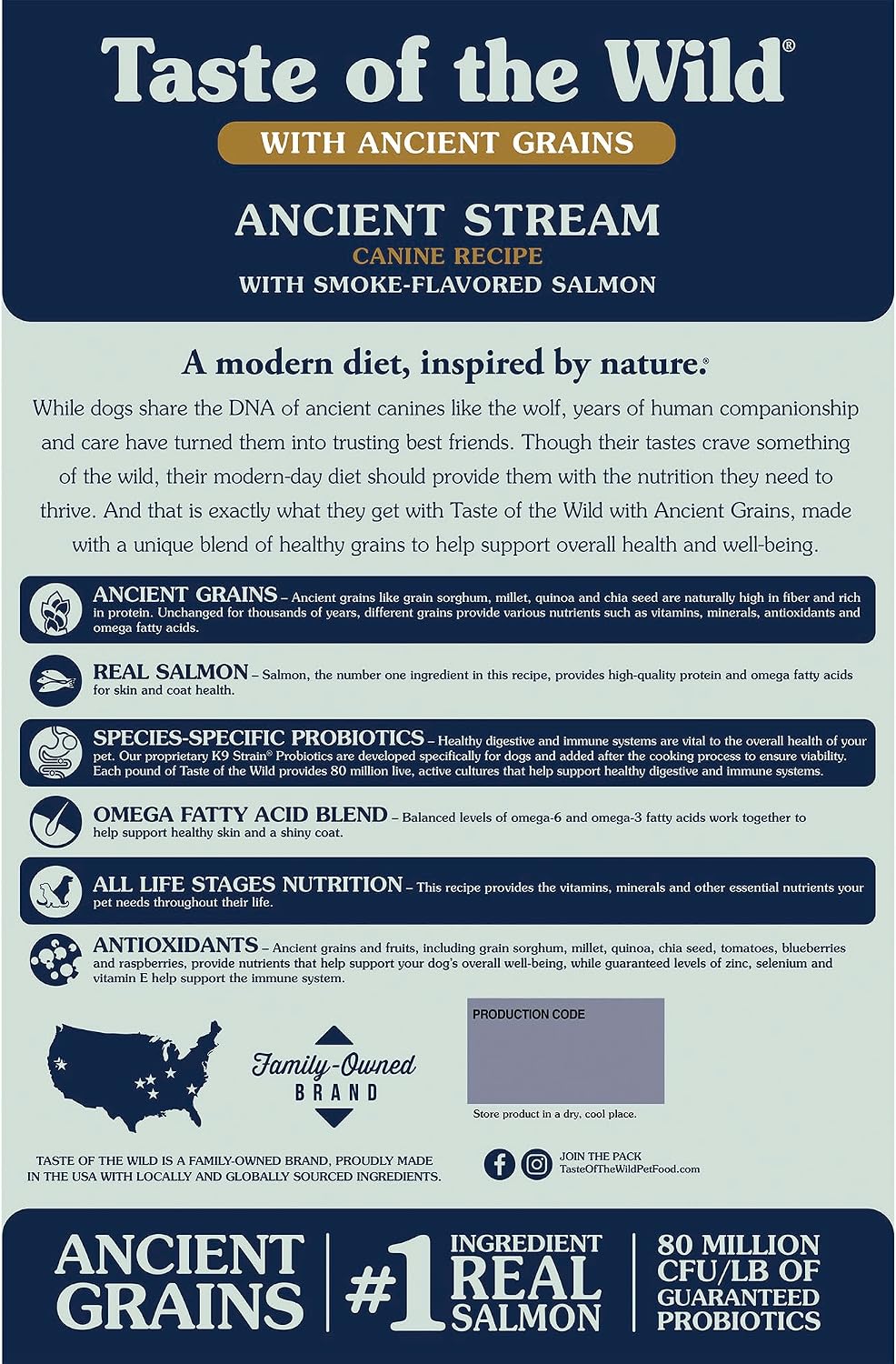 Close up of Taste of the Wild high protein dry dog food packaging highlighting ancient grains.