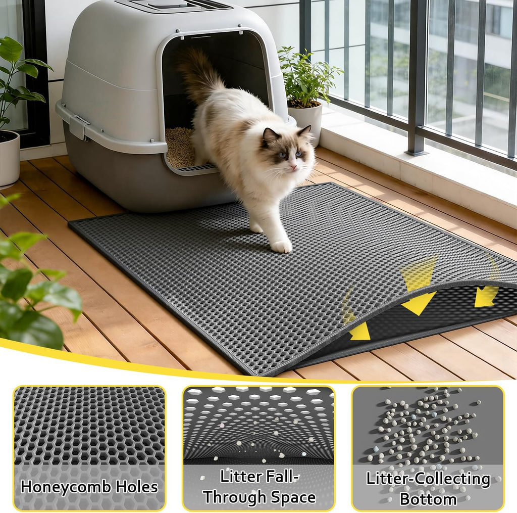 Kaxionage double layer cat litter mat showing upper mesh layer.