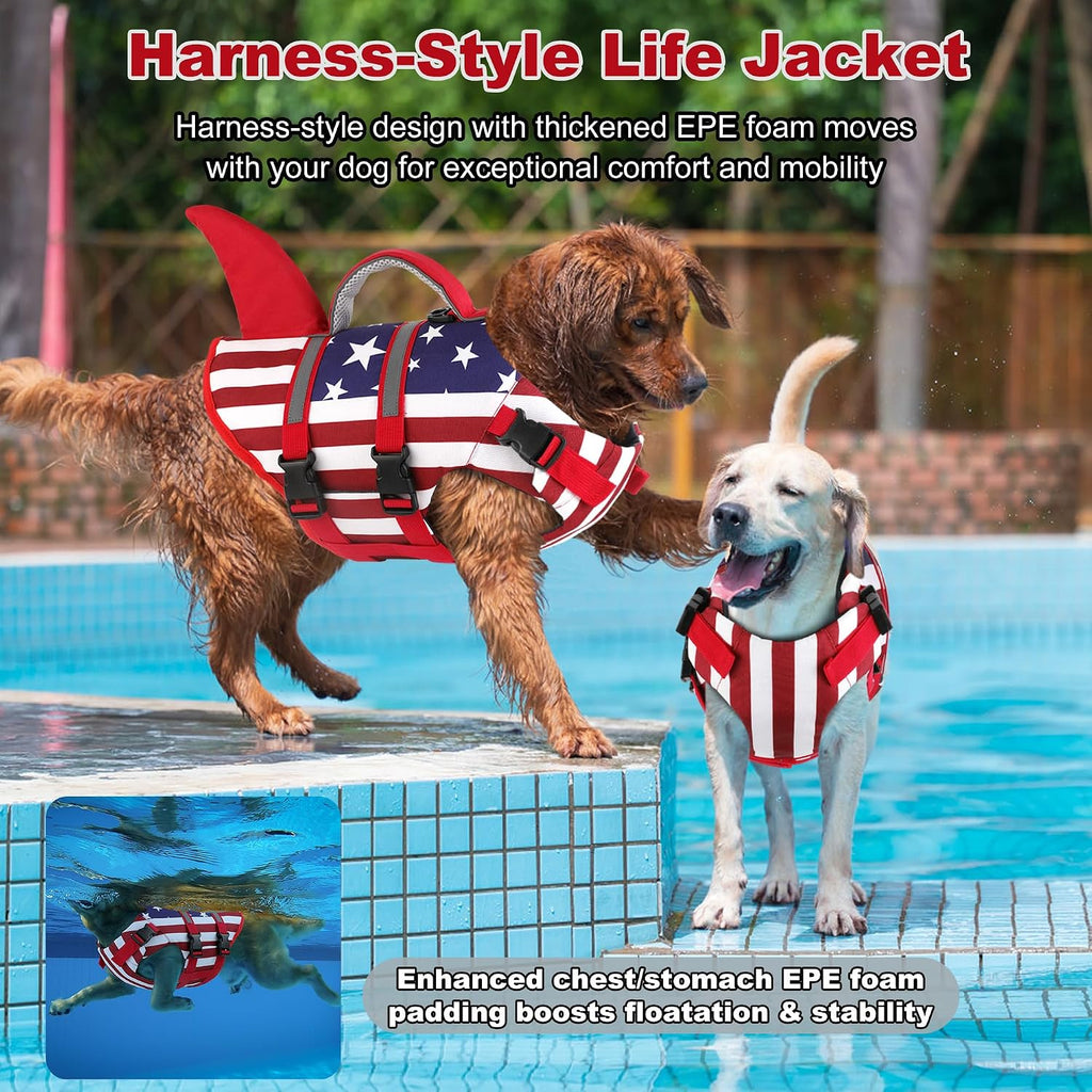 Close up of the reflective strips on the Dogcheer patriotic pet flotation device for low light visibility.