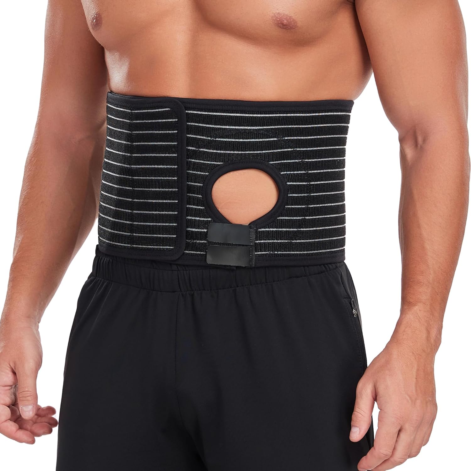 PAZ WEAN Adjustable Ostomy Hernia Support Belt front view showing the adjustable stoma opening and full length black Velcro strip.