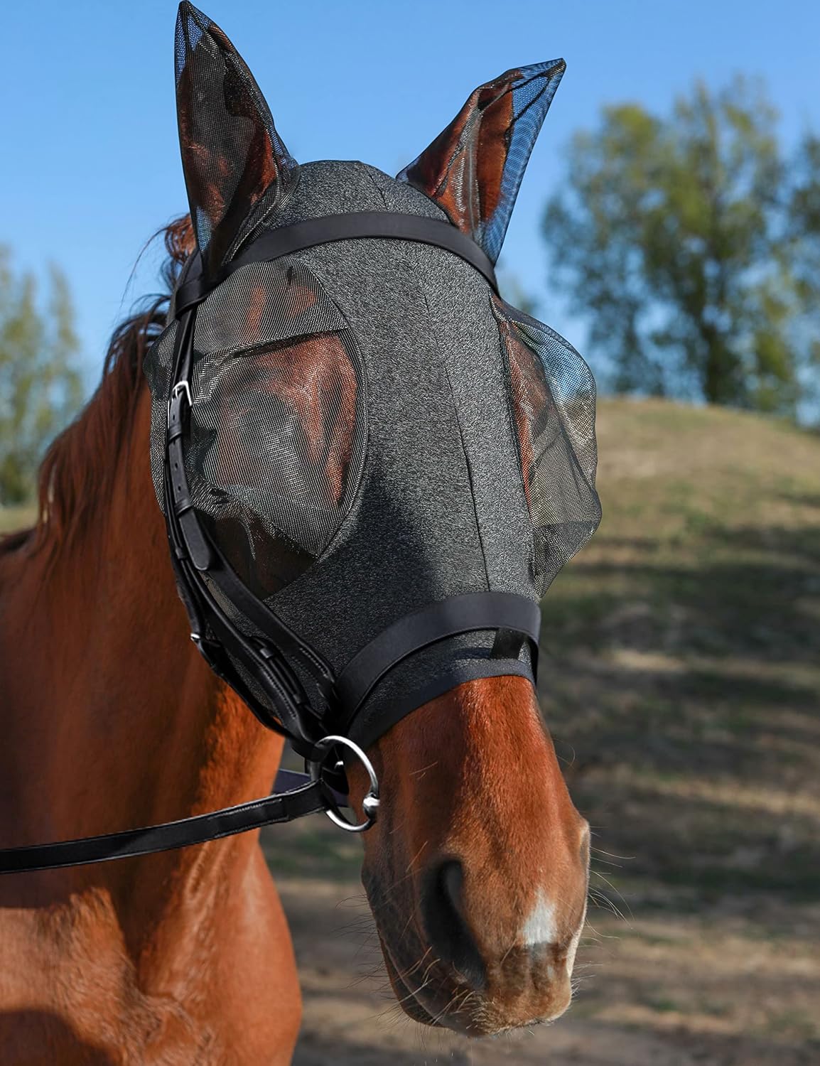 Horse Fly Mask with Ears, UV Protection, Breathable Mesh, Snug Fit Wear Under Halter, Fly Mask for Horses Royal Blue Full Size - Image 9