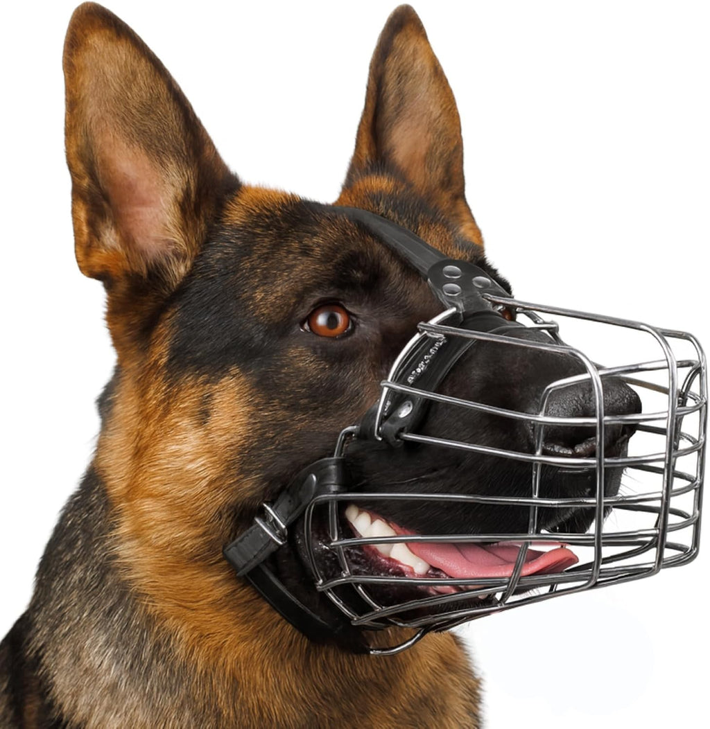 Bronzedog wire dog muzzle front view on a German Shepherd