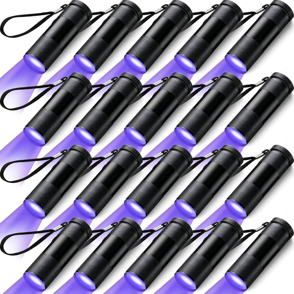 Hortsun twenty pieces handheld ultraviolet blacklight flashlights front view showcasing the compact black aluminum body.
