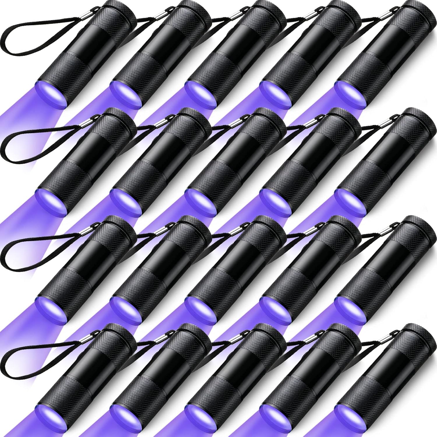 Hortsun twenty pieces handheld ultraviolet blacklight flashlights front view showcasing the compact black aluminum body.