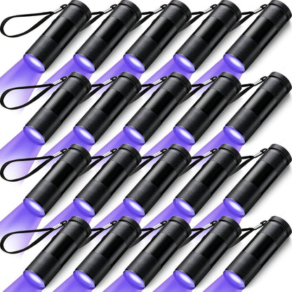 Hortsun twenty pieces handheld ultraviolet blacklight flashlights front view showcasing the compact black aluminum body.