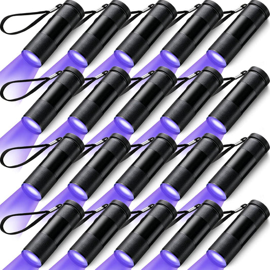 Hortsun twenty pieces handheld ultraviolet blacklight flashlights front view showcasing the compact black aluminum body.