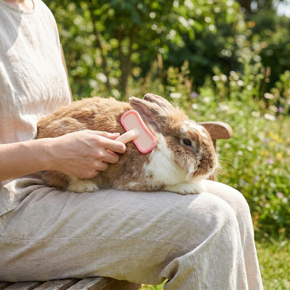 Pink silicone rabbit brush highlighting the compact size and flexible structure