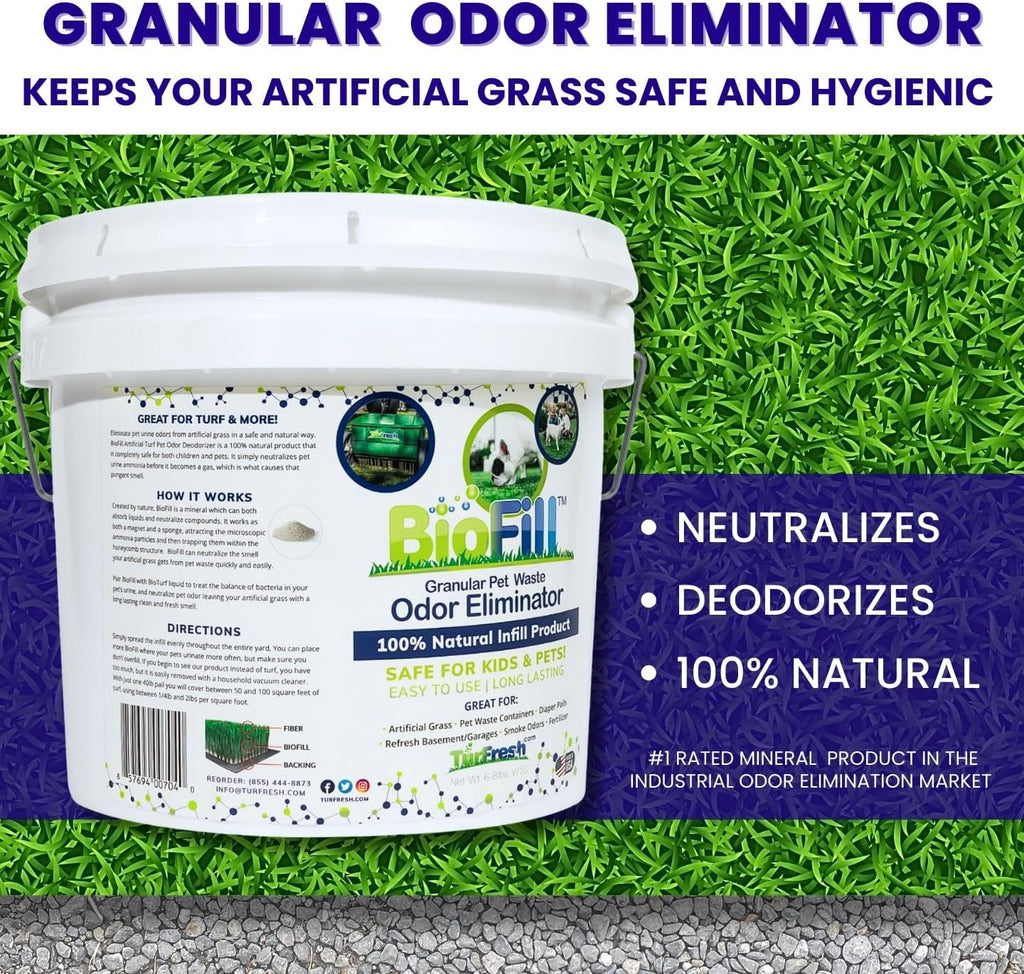 Natural mineral yard deodorizer granules being applied to artificial grass lawn surface