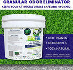 Natural mineral yard deodorizer granules being applied to artificial grass lawn surface