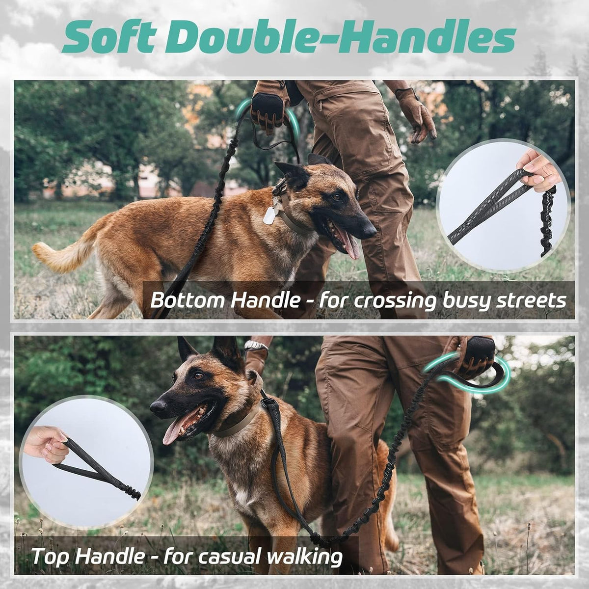 Black tactical training leash showing dual padded traffic control handles