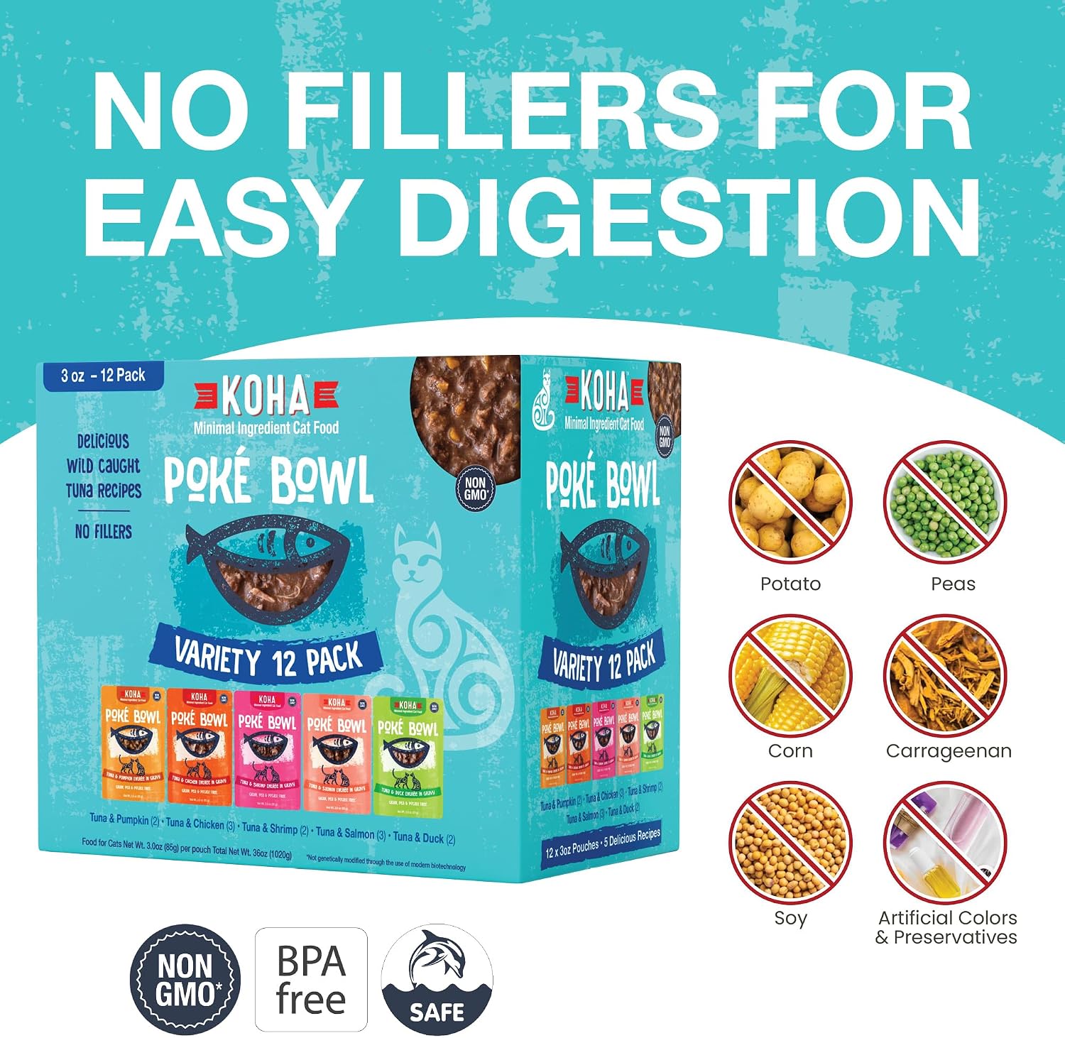 Back text of the KOHA poke bowl pouch emphasizing the non GMO dolphin safe and zero filler formulation.