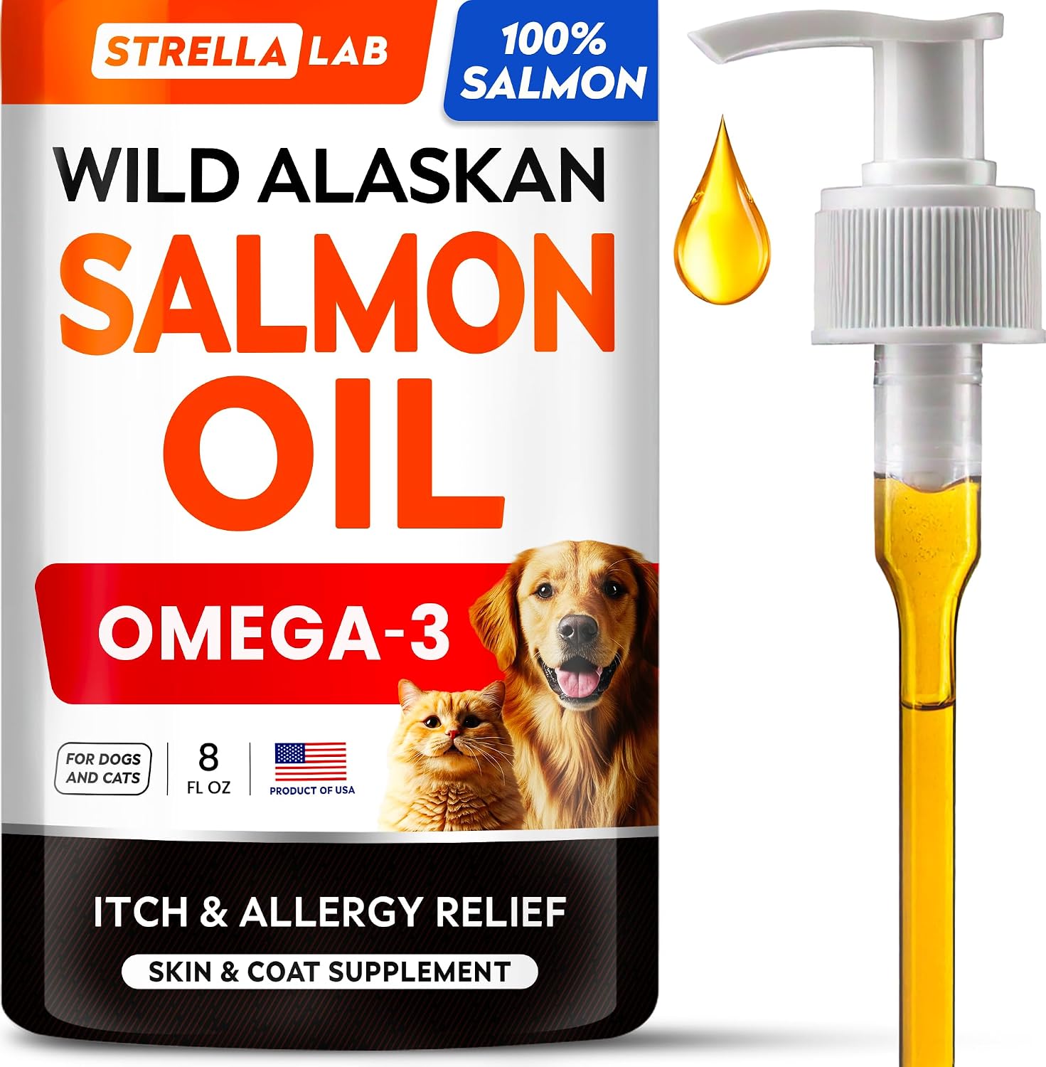 StrellaLab Wild Alaskan Salmon Oil 8 fluid ounce bottle front view premium pet omega 3 liquid