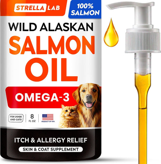 StrellaLab Wild Alaskan Salmon Oil 8 fluid ounce bottle front view premium pet omega 3 liquid