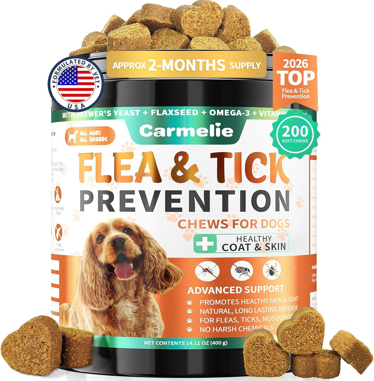 Carmelie Flea and Tick Prevention for Dogs 200 chews container front view displaying natural oral dog supplement