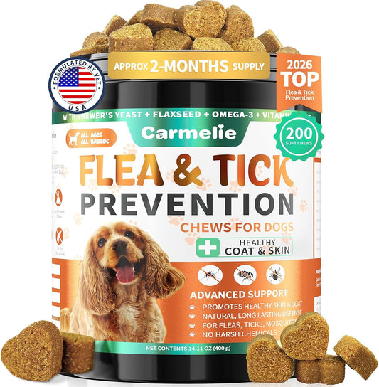 Carmelie Flea and Tick Prevention for Dogs 200 chews container front view displaying natural oral dog supplement